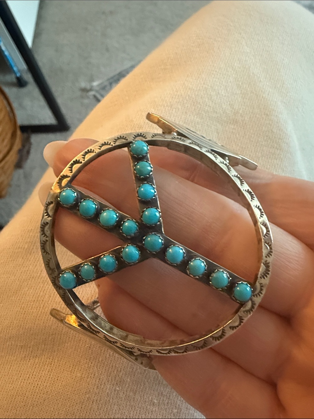 Turquoise Peace Sign Statement Cuff Bracelet - Picture 4 of 11